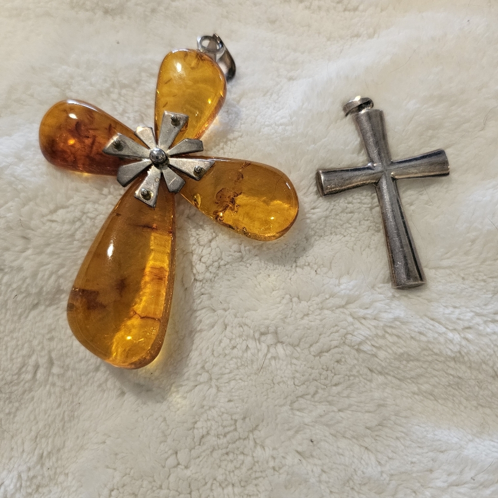 Amber and Silver Cross Pendants Crucifix